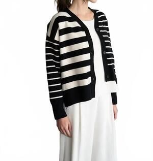 NEW ELLE GREY women's contrast striped sweater cardigan in black